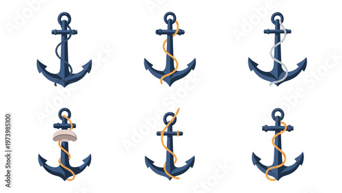 Collection of cartoon blue anchors with ropes. Marine navigation and sea travel symbols set on white background.