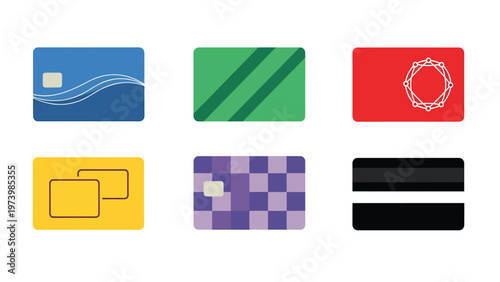 Flat design payment cards collection. Generic credit and debit card icons with various colors and patterns for financial transactions.