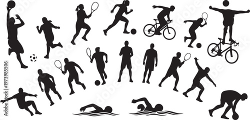 Silhouettes of people engaging in various sports activities