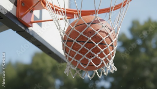Basketball Swishes Through Net on Outdoor Court.
