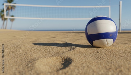 Beach volleyball ball on sand with net and palm trees in background.