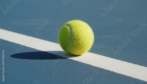 Bright yellow tennis ball resting on a white line on a blue tennis court, casting a shadow under natural light.
