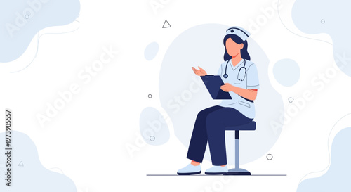 Nurse Sitting with Clipboard, Medical Professional, Healthcare Illustration