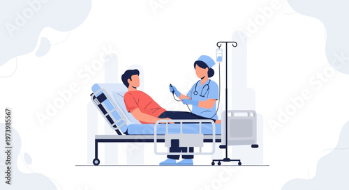 Nurse caring for patient in hospital bed with IV drip, medical illustration
