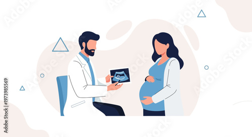 Doctor showing ultrasound scan to pregnant woman, healthcare concept