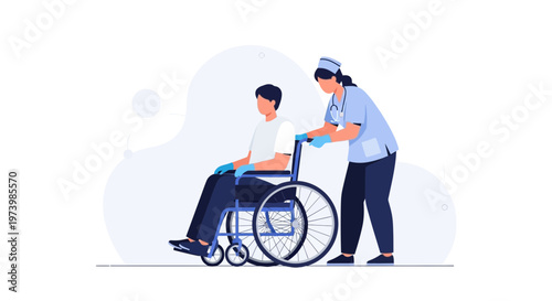 Nurse pushing patient in wheelchair, healthcare assistance, medical care, support