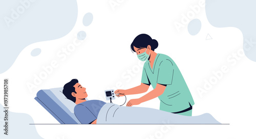 Nurse checks patient vital signs in hospital bed with medical device