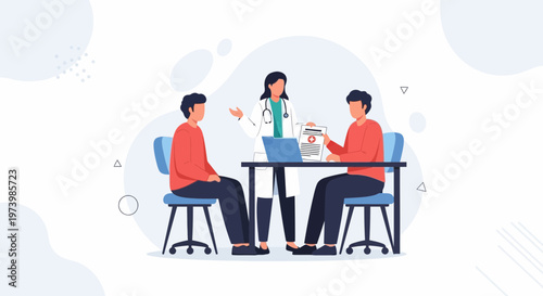 Doctor consulting with male patients at desk, discussing medical report