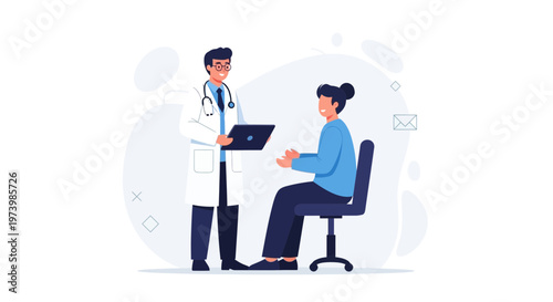 Doctor consulting patient with laptop in modern clinic, healthcare concept