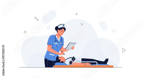 Nurse checking patient on stretcher with medical equipment, digital illustration