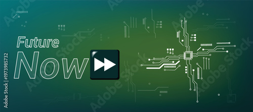 Future Now concept futuristic banner on dark green background with micro chip, vector illustration