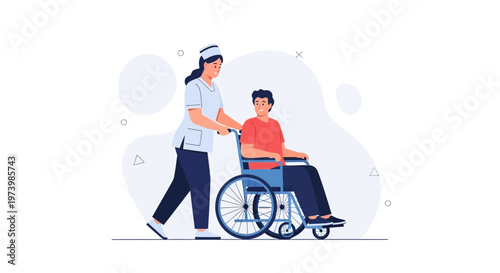 Nurse pushing patient in wheelchair, healthcare assistance, medical support, hospital care