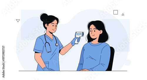 Nurse checking patient's temperature with infrared thermometer, healthcare concept