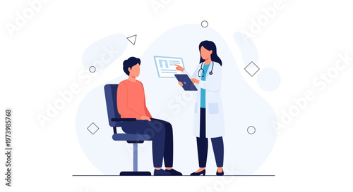 Doctor consulting patient in clinic, showing medical data on tablet