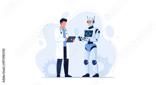 Doctor and Robot Discussing Medical Data on Tablet, AI in Healthcare Concept