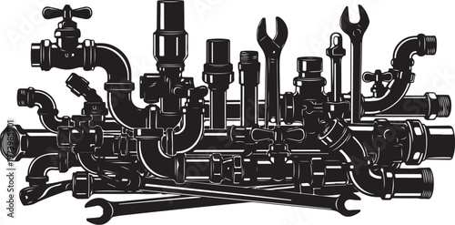 Industrial tools and pipes in a complex arrangement together