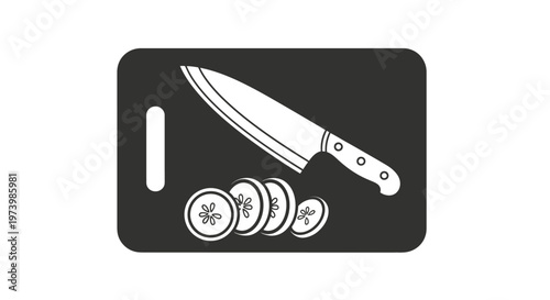 Sharp kitchen knife and neatly sliced vegetable rounds on a dark chopping board, presented as a clean vector graphic illustration for culinary projects.