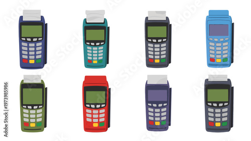 Collection of various colored POS terminals and credit card payment machines, vector illustration on white