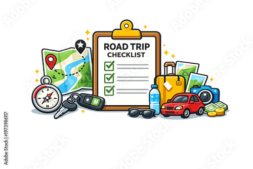 road trip essentials, travel checklist flat lay, road trip packing list, travel essentials flat lay, vacation checklist items, travel gear layout, road trip accessories, travel must haves, packing che