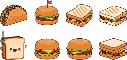 Cute Kawaii Style Food Icons with Tacos, Burgers, Sandwiches, and Toast for Culinary, Fast Food, and Snack Designs in Vector Art