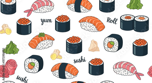 Sushi Seamless Pattern with Hand Drawn Japanese Food, Rolls, Nigiri, Salmon, Shrimp, Ginger, and Wasabi for Background, Wallpaper, Textile Design
