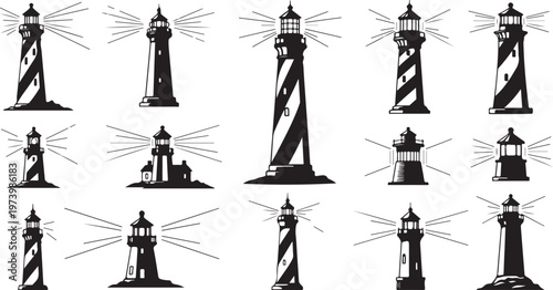 Collection of various lighthouse silhouettes with beams and details