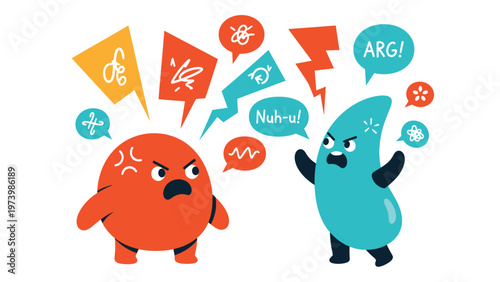 Angry cartoon characters in a heated argument with speech bubbles, symbolizing conflict, disagreement, and frustration.