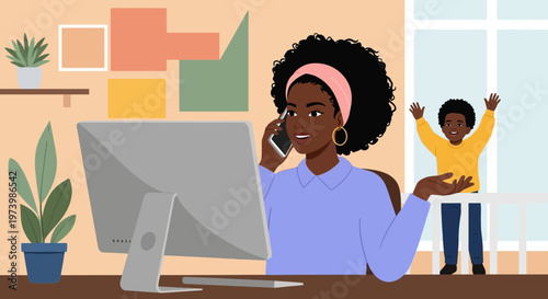 Black Woman Working in Home Office on Computer and Smartphone while Caring for Son, Remote Work and Parenting Concept Vector Illustration