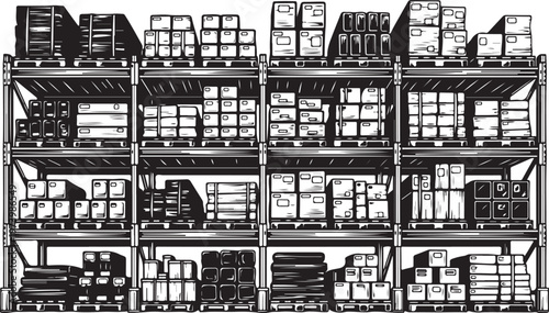 Warehouse Storage Shelves with Various Boxes and Crates