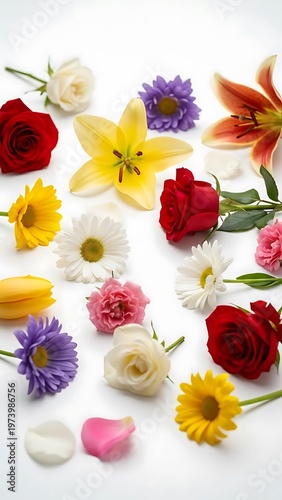 Assorted blossoms, colorful petals arranged on a pristine backdrop