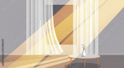 Sunlight streaming through sheer curtains in cozy minimalist interior room with table and vase in vector illustration