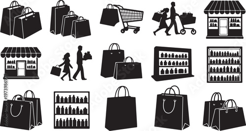 Shopping icons and bags in black silhouette style