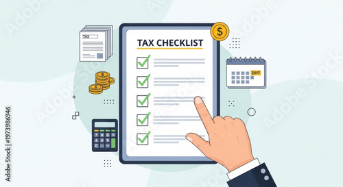 Professional hand checking off items on tax checklist document with calculator and coins in modern flat business vector illustration
