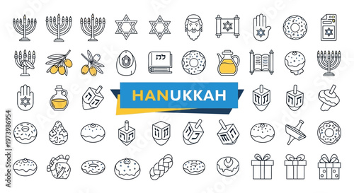 Hanukkah Icon Set - Vector Illustration of Jewish Festival of Lights Symbols, Menorah, Dreidel, Sufganiyot, Star of David, and Traditional Food Elements