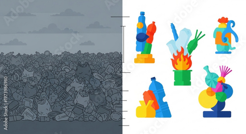 Environmental concept showing massive pile of plastic waste compared to recycled products in flat vector infographic style illustration