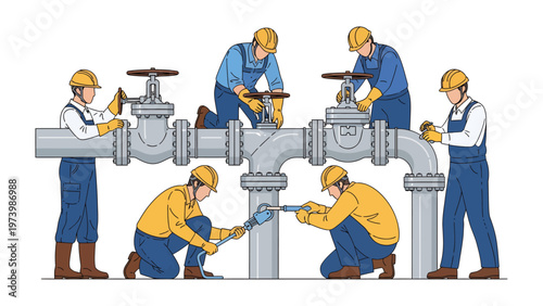 Pipeline Professionals at Work: A team of skilled workers, clad in safety gear, meticulously install and maintain a complex network of pipelines, illustrating precision and industry.