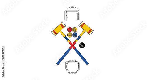 Professional croquet equipment set including mallets and colored balls and wickets in flat vector illustration style for sports and recreation