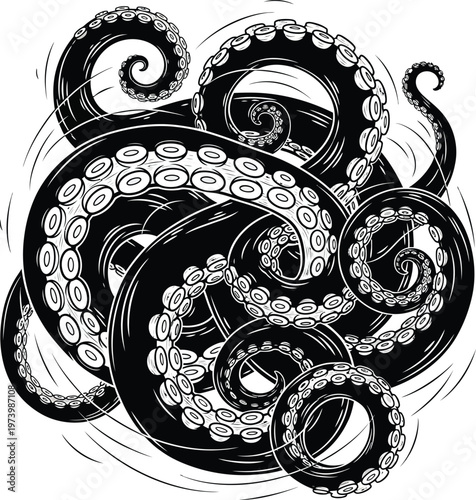 Black and white illustration of tangled octopus tentacles.