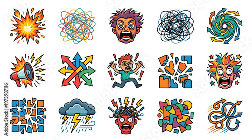 Collection of abstract illustrations depicting stress, chaos, and mental overload with expressive faces and symbols.