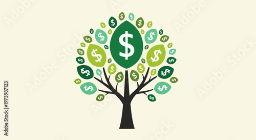 Flat Design Money Tree Illustration Representing Financial Growth, Investment Returns, and Wealth Accumulation with Green Dollar Sign Leaves