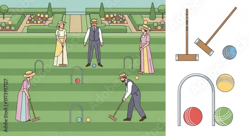 Group of people playing croquet in a lush green garden setting with equipment set in flat vector illustration style for leisure and hobby theme
