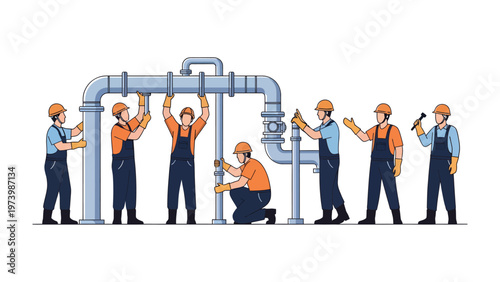 Plumbing installation: A team of skilled technicians diligently works to install intricate piping, showcasing precision and expertise in the realm of plumbing and infrastructure.