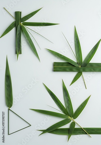 Creative Arrangement of Fresh Bamboo Leaves on a Clean White Background