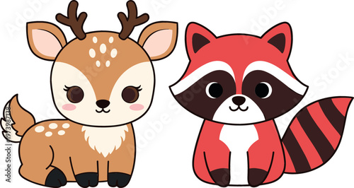 Cute Deer and Raccoon Icon Set Featuring Playful Animal Characters for Kids, Nature, and Wildlife Design Projects