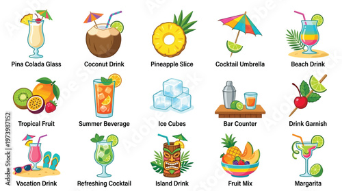 A vibrant collection of tropical drinks, fruits, and bar accessories, perfect for summer or vacation themes.