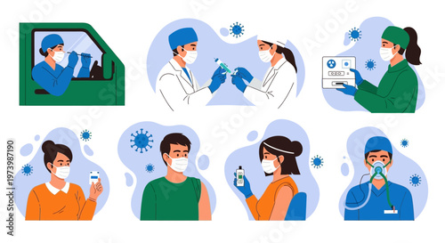 Medical Healthcare and Vaccination Illustration Set Featuring COVID-19 Testing, Vaccine Administration, Protective Masks, and Patient Care Scenes for Pandemic Prevention Content