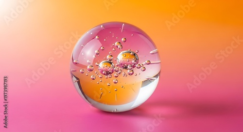Crystal orb with trapped droplets against gradient background surface