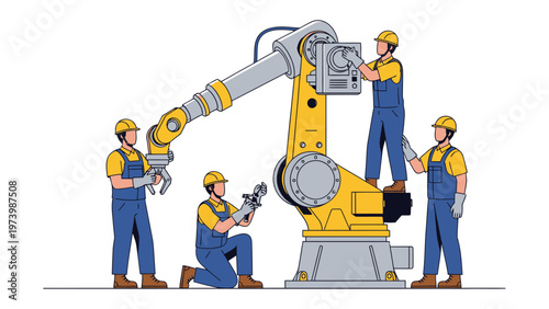 Automation Assembly: Skilled workers collaborate, assembling a state-of-the-art robotic arm, a testament to human ingenuity and technological advancement.