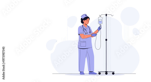 Nurse preparing IV drip, medical infusion, healthcare, hospital, patient care, flat illustration