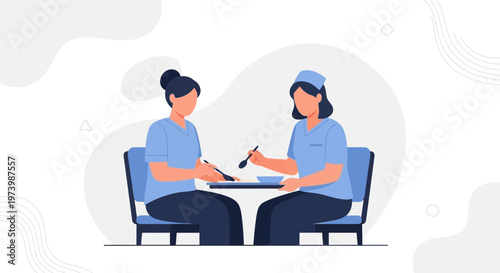 Nurses eating lunch together at a table, healthcare concept illustration